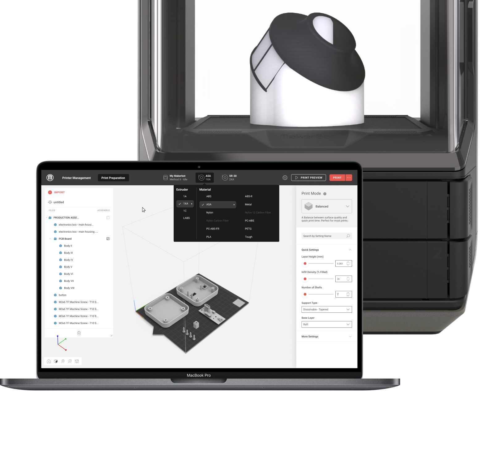 UltiMaker Cura software running on laptop next to UltiMaker S8 printer