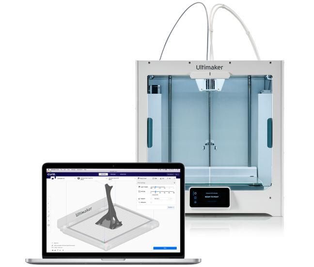 UltiMaker Cura software running on laptop next to UltiMaker S8 printer