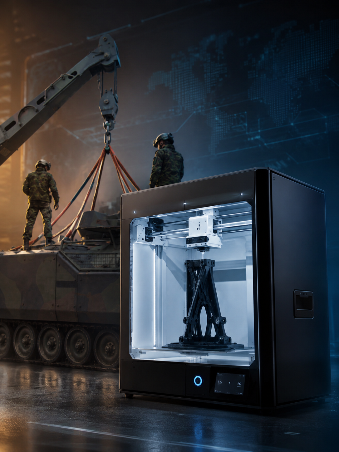Crane lifting a 12-tonne armored vehicle using a carbon fiber composite link